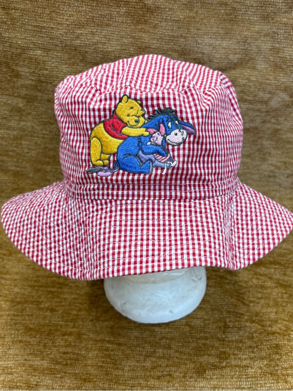 Disney Red Gingham Bucket Hat with Winnie the Pooh, Eeyore & piglet  Embroidery